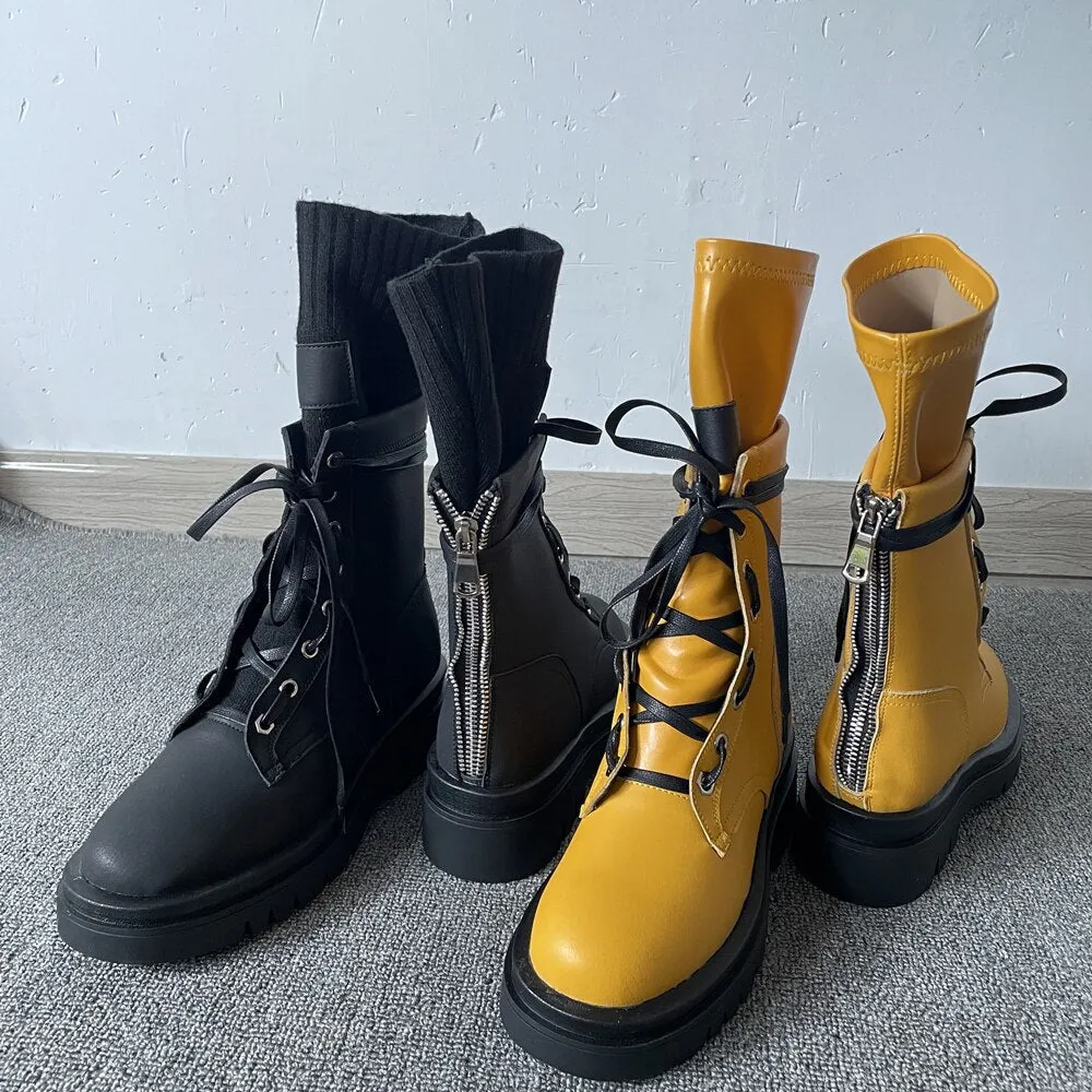 Women Shoes Big Size Platform Cowhide Thick-Soled Martin Boots