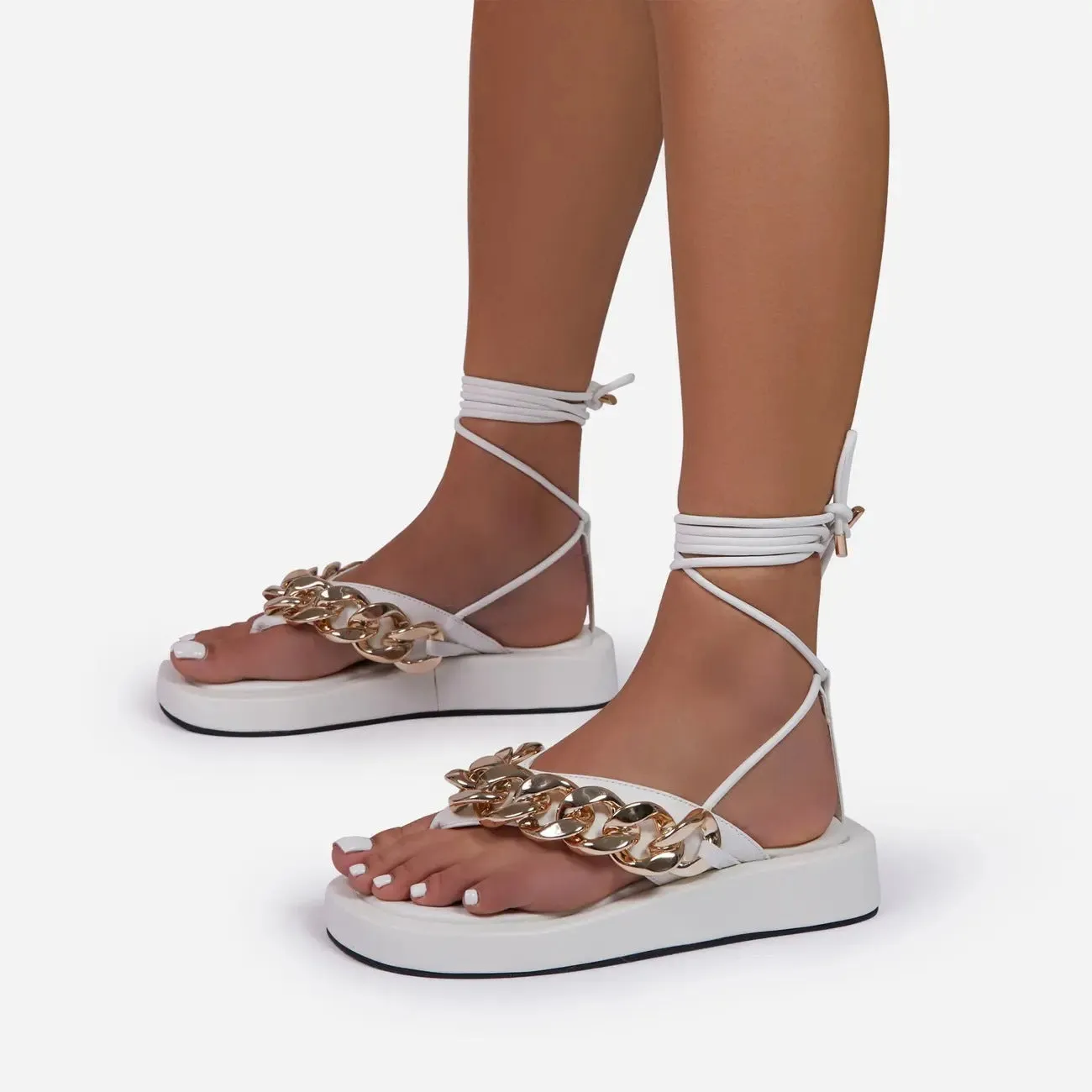 Women's shoes  thick-soled mid-heel platform with metal chain anklet straps sandals platform