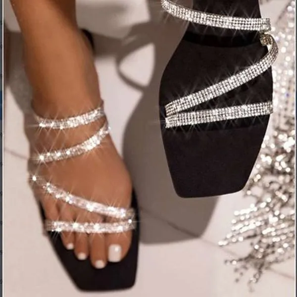 Women's Summer Slippers Open Toe Outdoor Beach Shoes Rhinestone Flat Sandals Multicolor