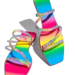 Women's Summer Slippers Open Toe Outdoor Beach Shoes Rhinestone Flat Sandals Multicolor
