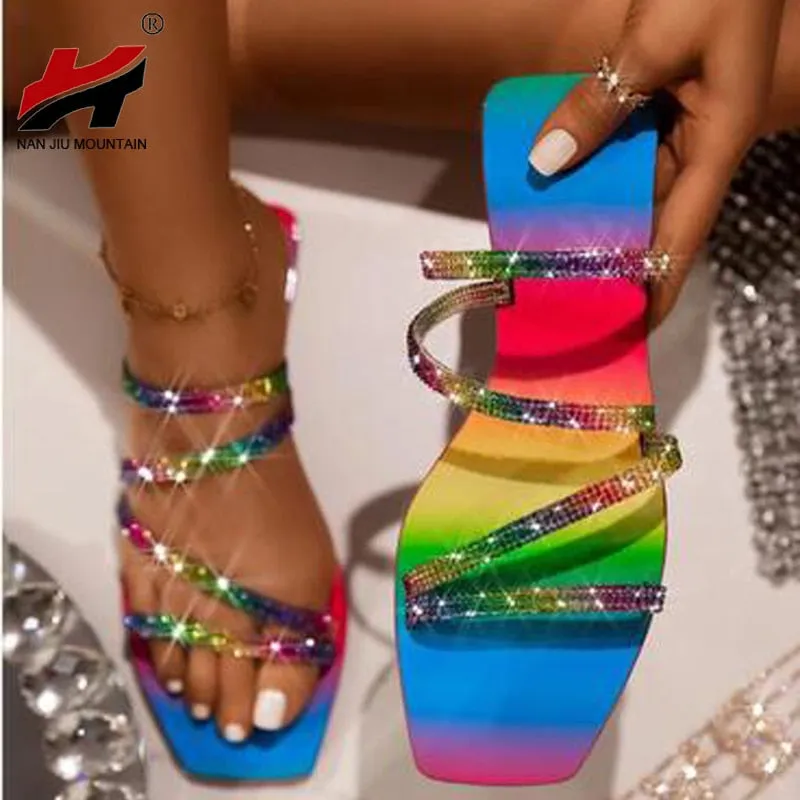 Women's Summer Slippers Open Toe Outdoor Beach Shoes Rhinestone Flat Sandals Multicolor