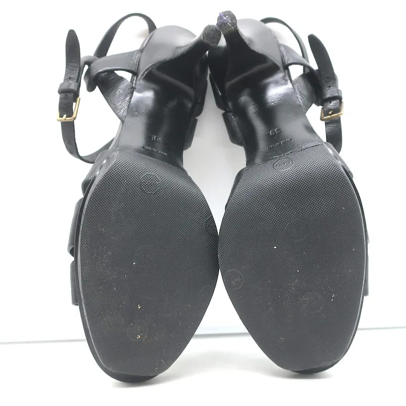 Yves Saint Laurent Tribute Sandals Black Leather Size 39 Ankle Strap Heels
